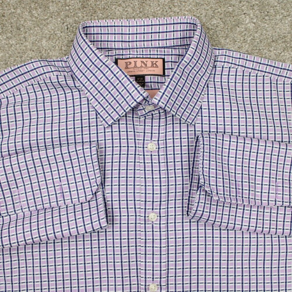 Thomas Pink Prestige Shirt Men 17, 35 Pink/Blue French Cuff Cotton L/S Button Up